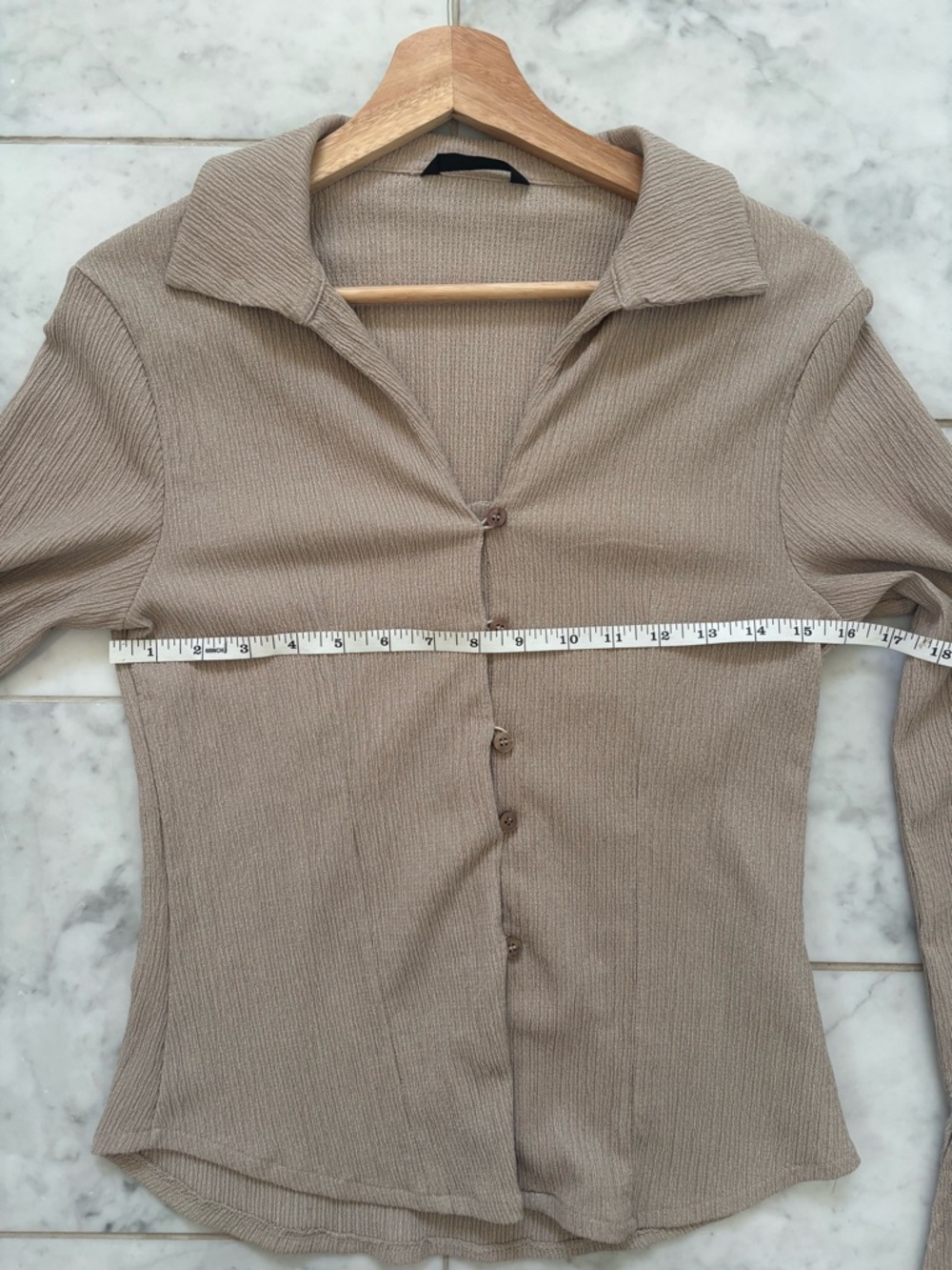 Defacto Collared Ribbed Button-Front Top in Taupe | size small - Picture 7 of 9